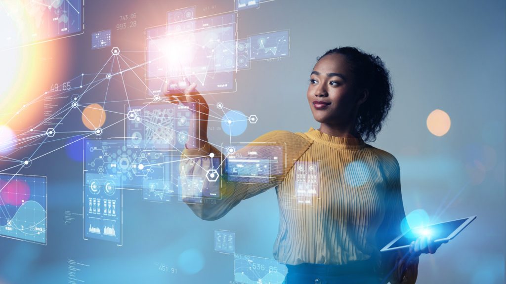 a young woman touches a projected algorithm. AI is changing SEO, and Web Impact Marketing can help you adjust.